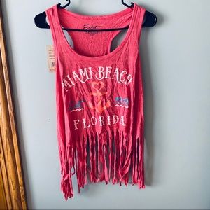 NWT Exist Miami Beach graphic fringe tank top